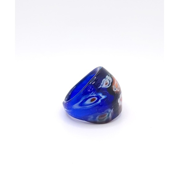 Murano Style Hand Blown Glass Ring Women's Blue Art Floral Design Boho Size 6 - Picture 13 of 14